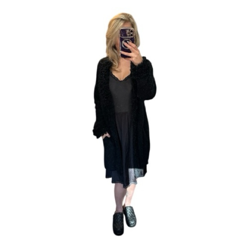 Vintage 90’s/Y2K Sideeffects Black Fuzzy Open Front Long Cardigan Size Medium - Picture 5 of 5